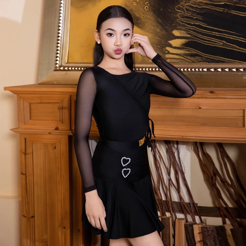 جديد أسود اللاتينية الرقص الزي الفتيات طويلة الأكمام أداء دعوى تشا تشا رومبا ممارسة ارتداء طفل ملابس التدريب اللاتينية VDL4518