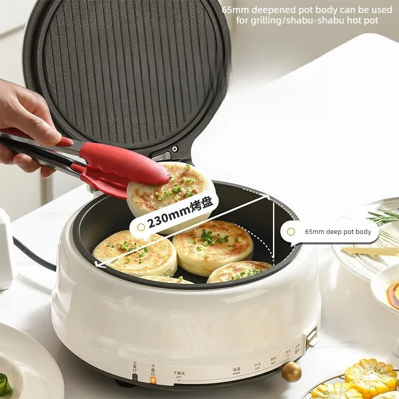 Commercial Style Electric Cooker Deep Pan, Dual-Sided Grill & Hotpot Combo, Detachable Bottom/Top Plates for Roast Fish Veggies