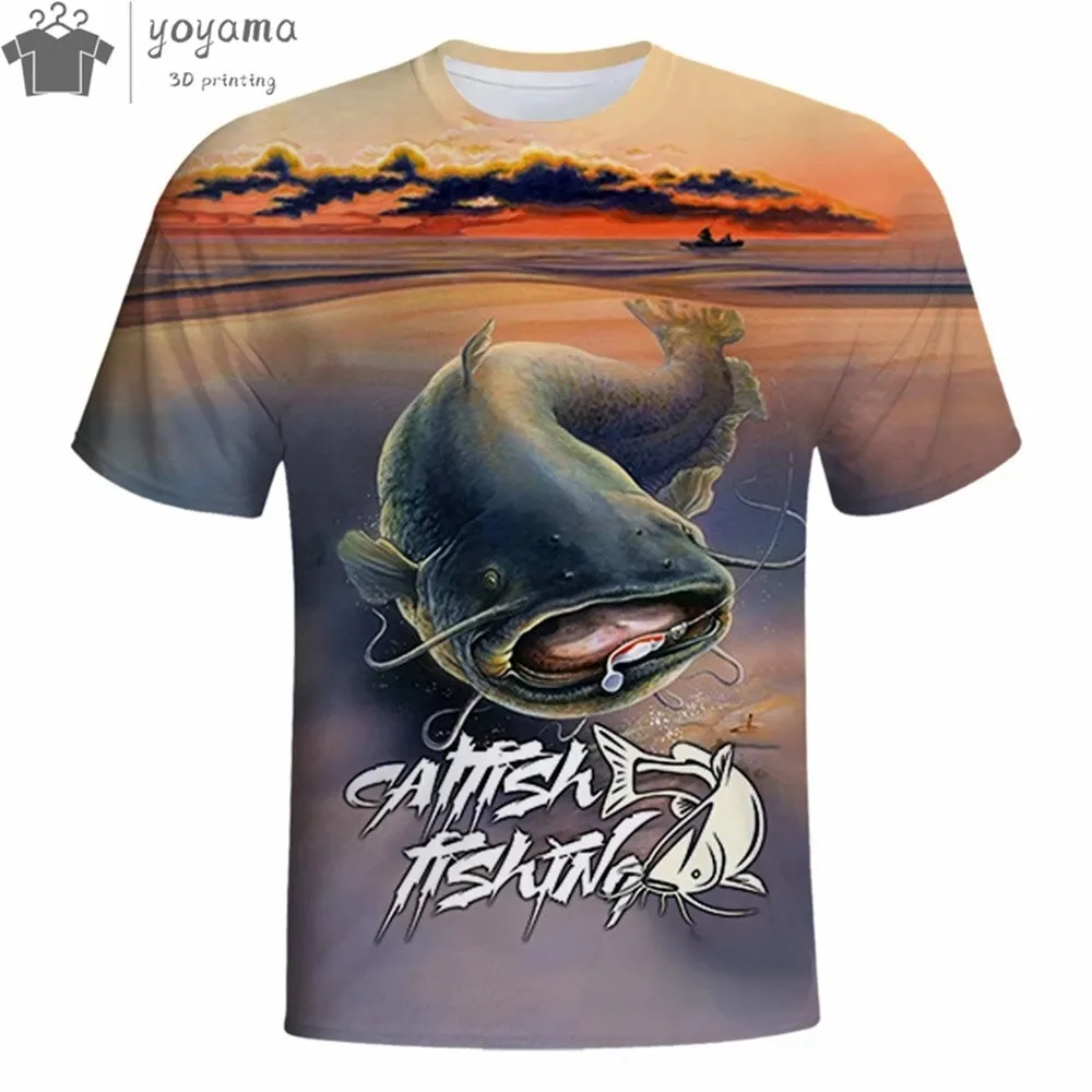 Summer Men's T Shirt 3d Catfish Printed Short Sleeve Outdoor Go Fishing Tracksuits Fashion Casual O-Neck Tops Oversized T-Shirt