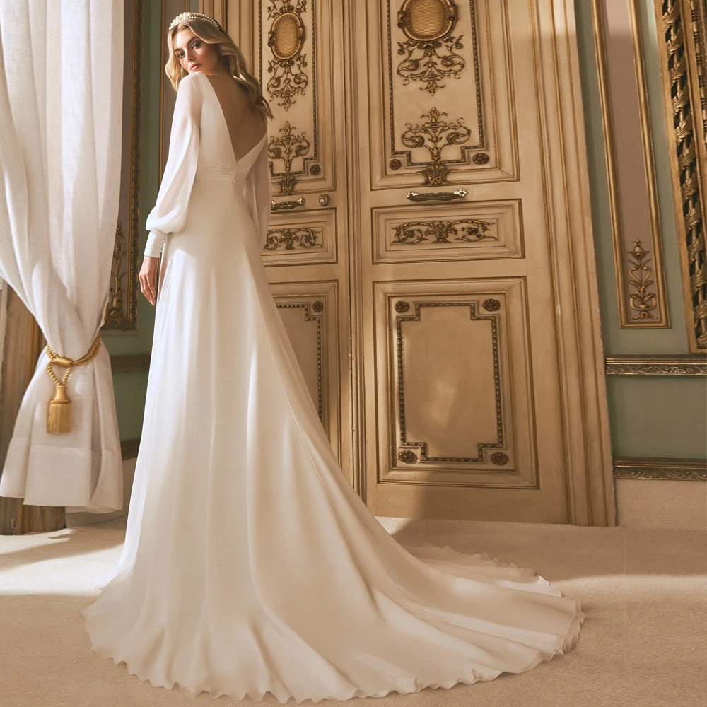 Vestidos De Novia clásicos De gasa personalizados, línea A, cuello barco, mangas largas, escote en V profundo, longitud hasta el suelo, Vestidos De Novia