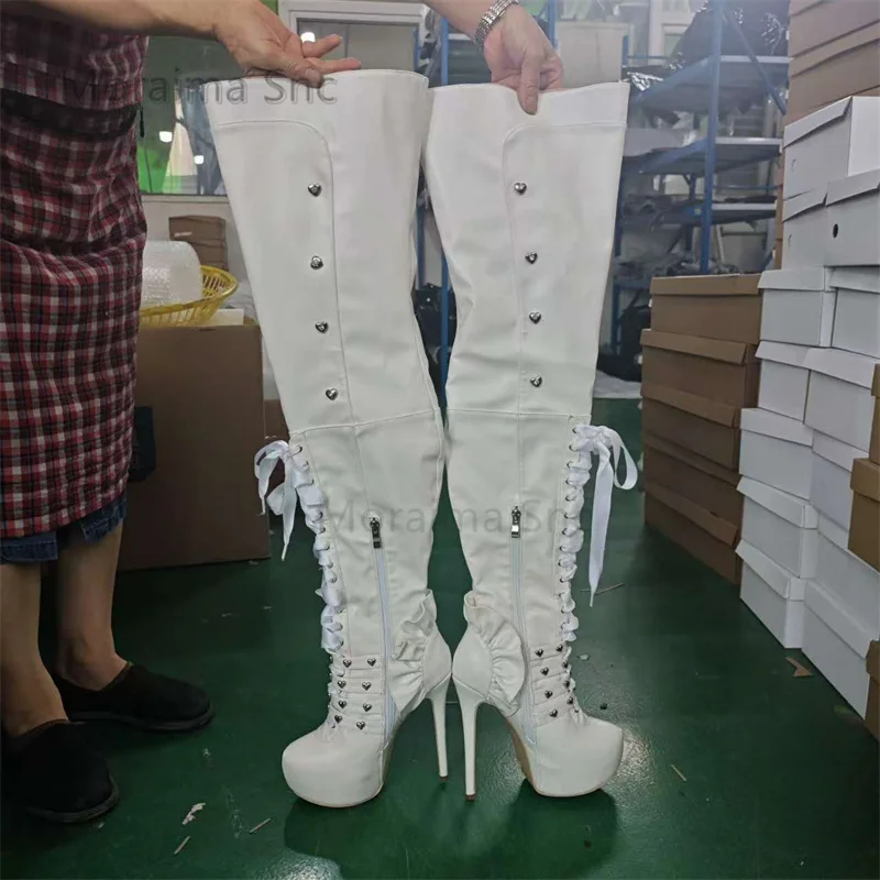 

White High Heels Over The Knee Boots for Women Platform Stiletto Frone Lace Up Rivet Sde Zipper Long Boots Winter Catwalk Shoes