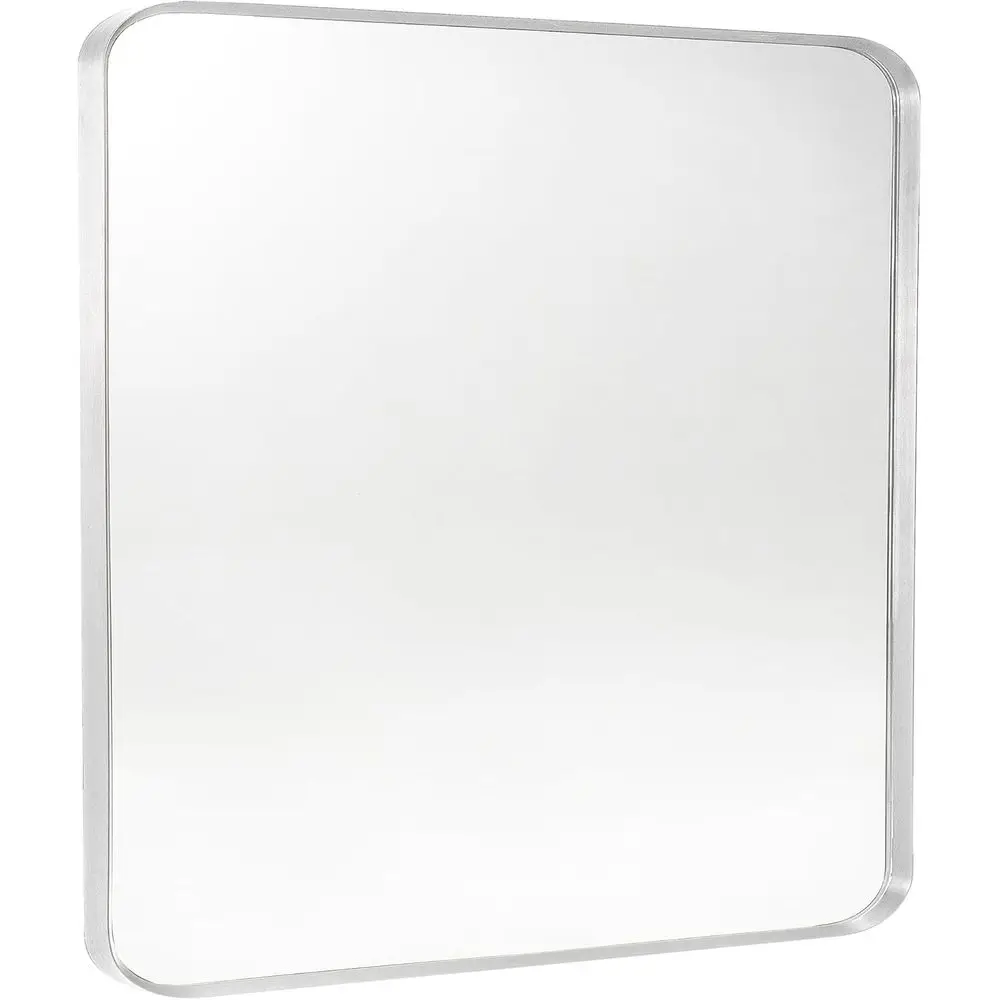 

Silver Metal ed Bathroom Mirror or Wall, Brushed Nickel Rounded Recular Bathroom Vanity Mirror, Anti-Rust, Tempered Glass (30" x