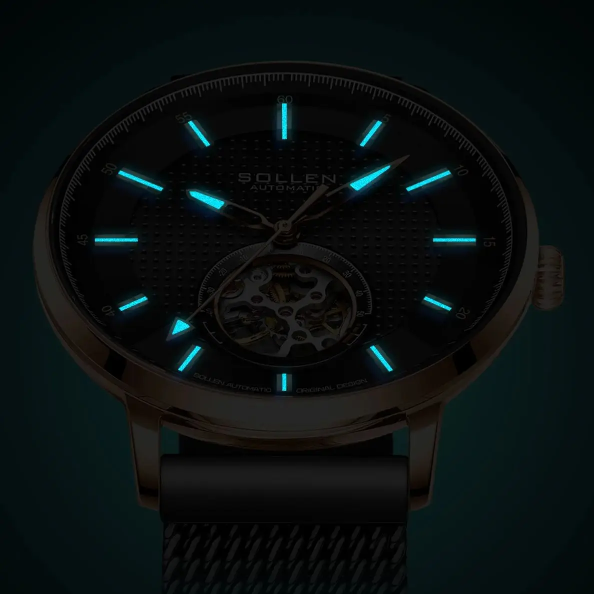 ساعة SOLLEN للرجال ميكانيكية أوتوماتيكية بالكامل مقاومة للماء وإضاءة ليلية على الطراز السويسري ساعة ريفية للطلاب هدية لصديقك