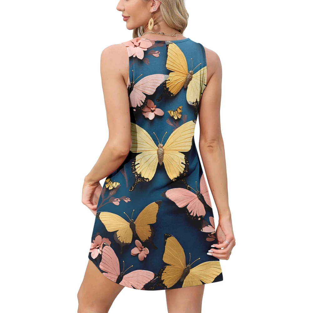 2024 new trend summer women's gold butterfly dress senior casual all-match dinner style gonna allentata al ginocchio con tasca