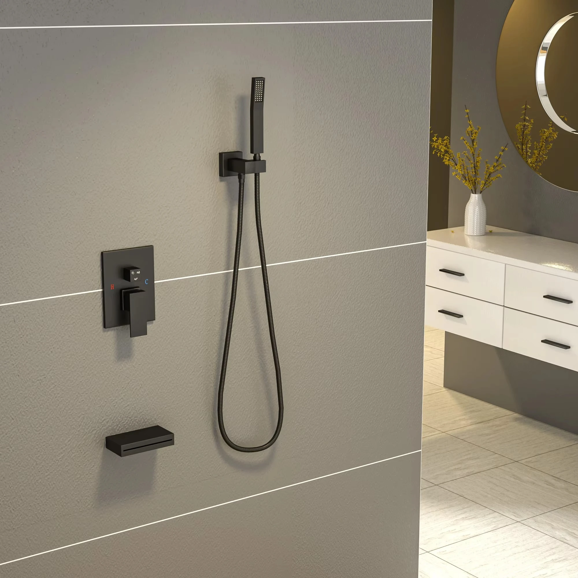 ชุดฝักบัวเรนชาวเวอร์แบบติดผนังทรงสี่เหลี่ยม ผลิตจากทองแดงแท้ สีดำ มาตรฐาน CUPC พร้อมระบบควบคุมอุณหภูมิคงที่ 3 ฟังก์ชั่น