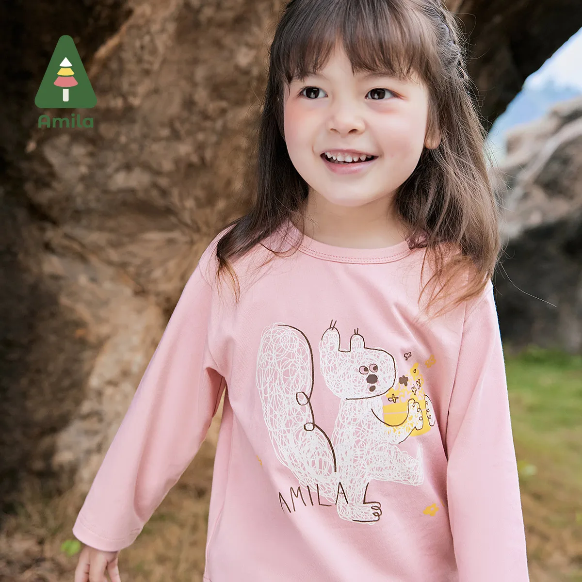 Amila Baby T-Shirt 2024 Autumn New Boys And Girls Solid Color Animal Pure Cotton Round Neck Soft Casual Loose Children‘S Tops