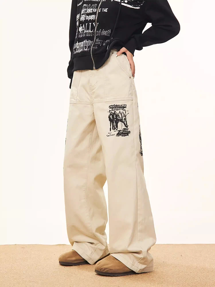 ReddaChic Big Pockets Wide Leg Cargo Pants Women Character Print Loose Fit Straight Wide Leg Casual Pants Grunge Vintage Clothes