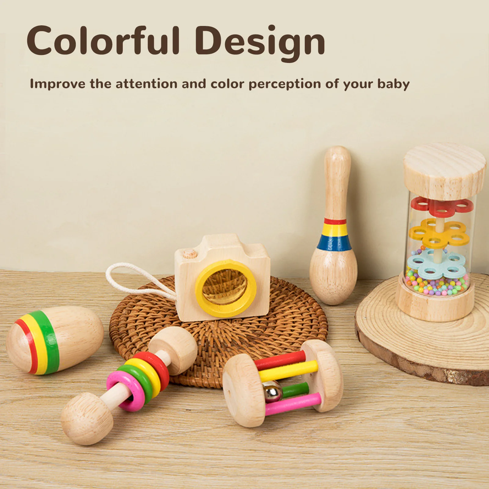 ZK30 6 Pieces Wooden Baby Rattle Set with Handbell Shaker Rattles Sensory Training Easy Grasping Colorful Wood Toy Set