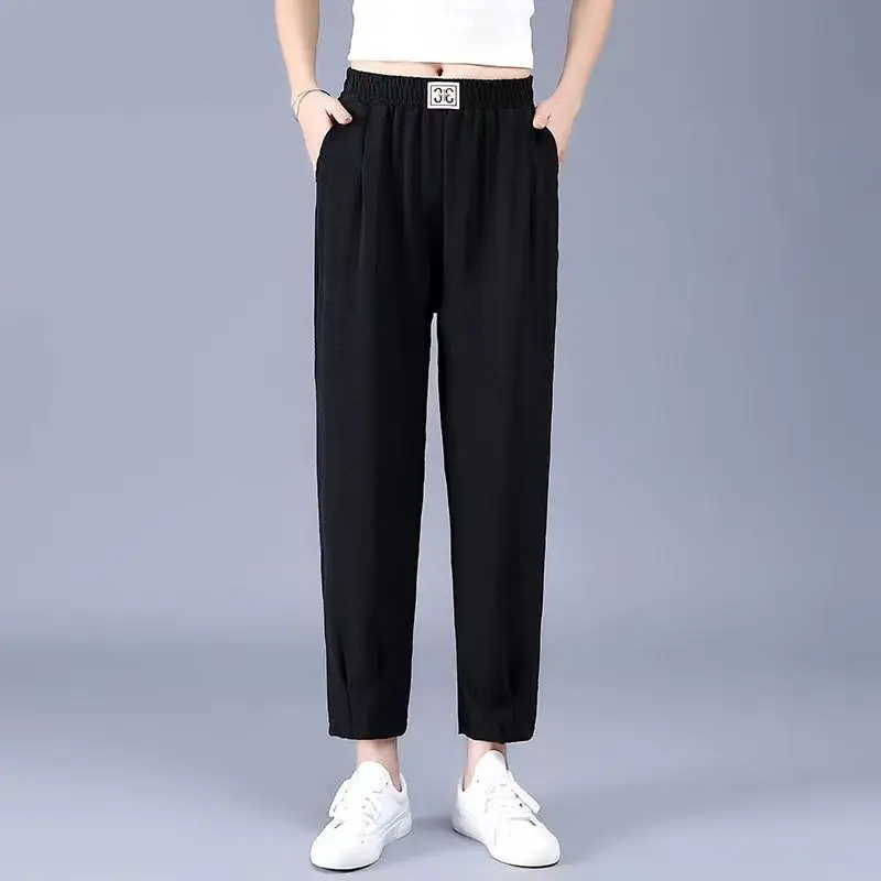 

Black Thin Elastic Waist Simplicity Harem Pants Summer New Solid Loose All-match Casual Pants Fashion Vintage Women Clothing