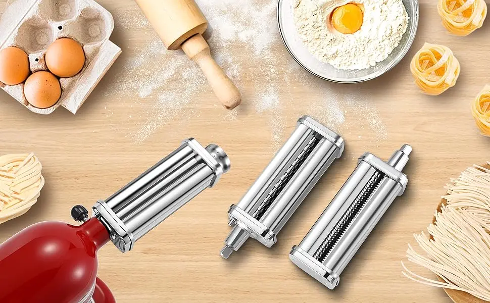 Description Picture 3 of item3Piece Pasta Maker Attachment Set for KitchenAid Mixers,Includes Pasta Sheet Roller, Spaghetti Cutter, and Fettuccine Cutter
