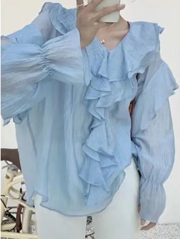 2024 pleated small texture French ruffle edge slightly transparent long sleeved shirt loose spring and autumn season shirt 7UNM