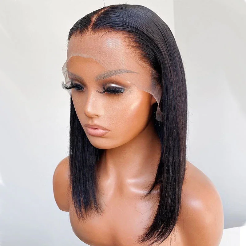 Perruque Bob Lace Front Wig synthétique sans colle, perruque lisse soyeuse, cheveux de bébé, densité 180, noir naturel, 18 po, pre-plucked, degré de chaleur, femmes