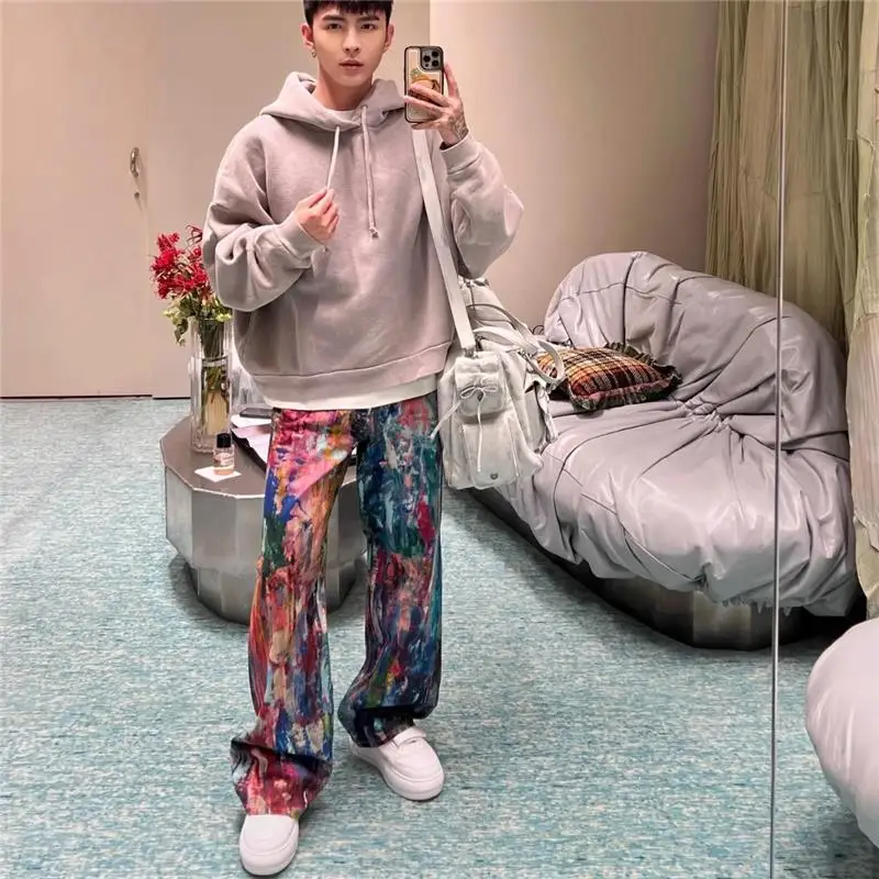 Nuevos pantalones vaqueros informales de pierna suelta 25ac para hombre, pantalones Ptte con estampado de pintura al óleo, pantalones largos de cintura baja elásticos altos