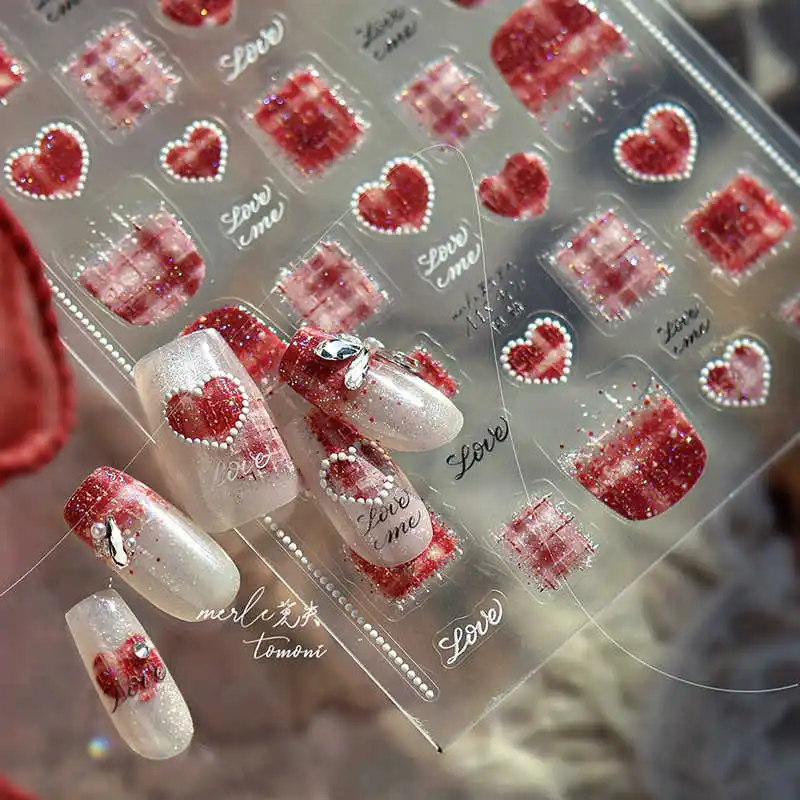 

5D Embossed Glitter Plaid Heart Nail Stickers Valentines Love Heart 5D Red Pink Sweater Wool Plaid Valentines Nails Art Supplies