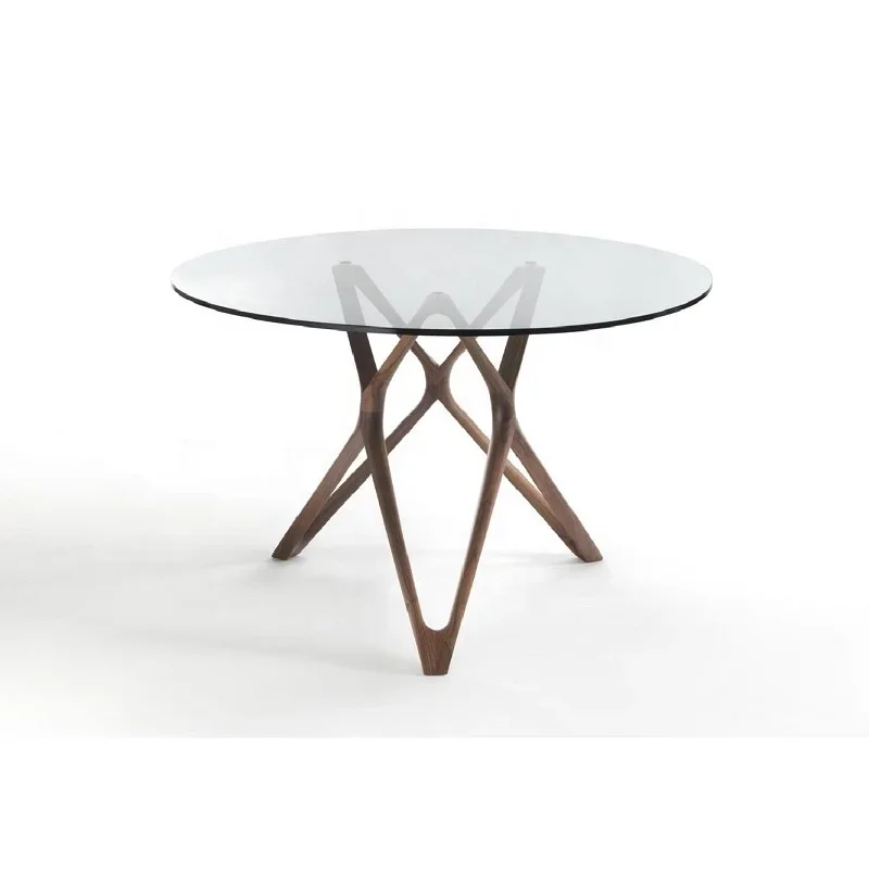 

Modern Luxury Design 1.2m or 1.3m Round Tempered Glass Top Classy Ash Solid Wood Base Cafe Restaurant Dining Table