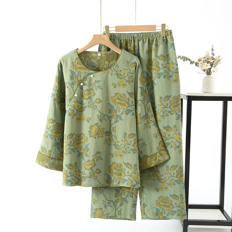 2024 Spring / Autumn Cotton Yarn-dyed Jacquard Pajamas Retro Chinese Style Long Sleeves Trousers Thin Home Clothing 2 Piece Sets