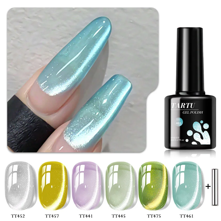 TARTU 6 قطع 8 مل مجموعة جل أظافر عيون القطة باللون الوردي والأحمر والأزرق والأخضر والبني والأسود، مجموعة تلميع جل شبه دائمة مكونة من 6 ألوان، نقع Uñas