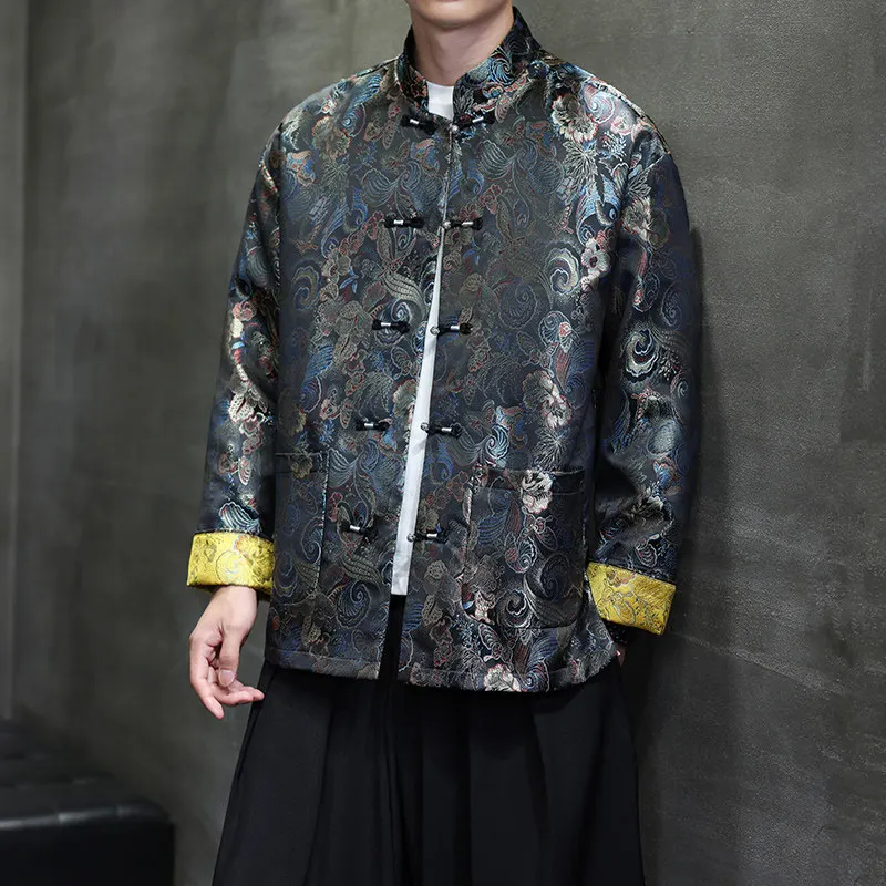 

Ele Men's Autumn Winter T Jaet with Embroidery And Button Design Chinese Zen Tea Sle Thiened Outerwear Coat