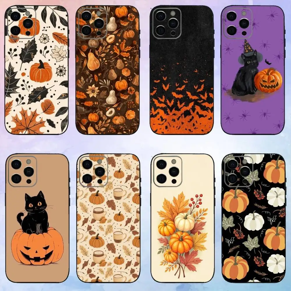 Casing Ponsel Daun Musim Gugur Labu Untuk iPhone17,16,15,14,13,12,11 Plus,Pro Max Penutup Lembut Hitam