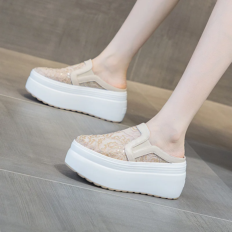 8cm Heelless Half Slippers Female Baotou Summer New Lace Glitter Breathable Platform Casual Shoes Fashion Trend