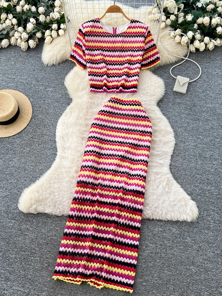 

Holiday style striped knitted two-piece set women's summer round neck short sleeved top high waist slim hip hugging skirt
