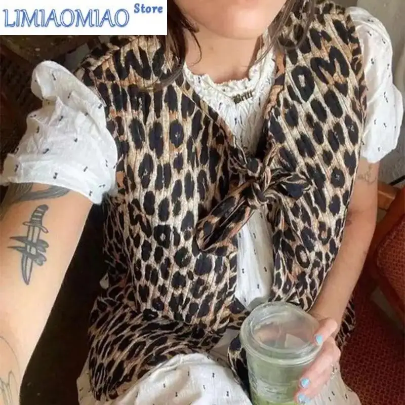 Golf Women Short Jacket Leopard Print Tops Cardigan Lace-ups  Coat Bow Tie Vests Casual Outerwear Chic Clothing Loose