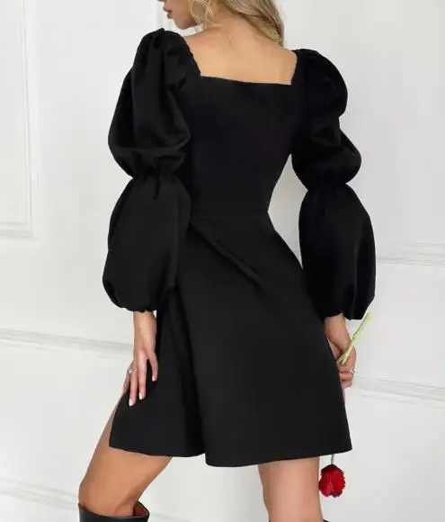 

2025 Autumn/winter Sexy Mysterious V-Neck Long Sleeved Commuting Pleated Slim Fit Slit Classic Fashion Dress Small Black Dress