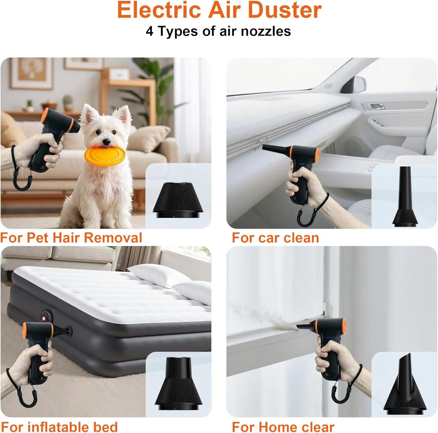 منفضة هواء كهربائية 150,000 دورة في الدقيقة مع شحن سريع، وإعدادات قابلة للتعديل للأوراق والثلج والكمبيوتر وتنظيف السيارات