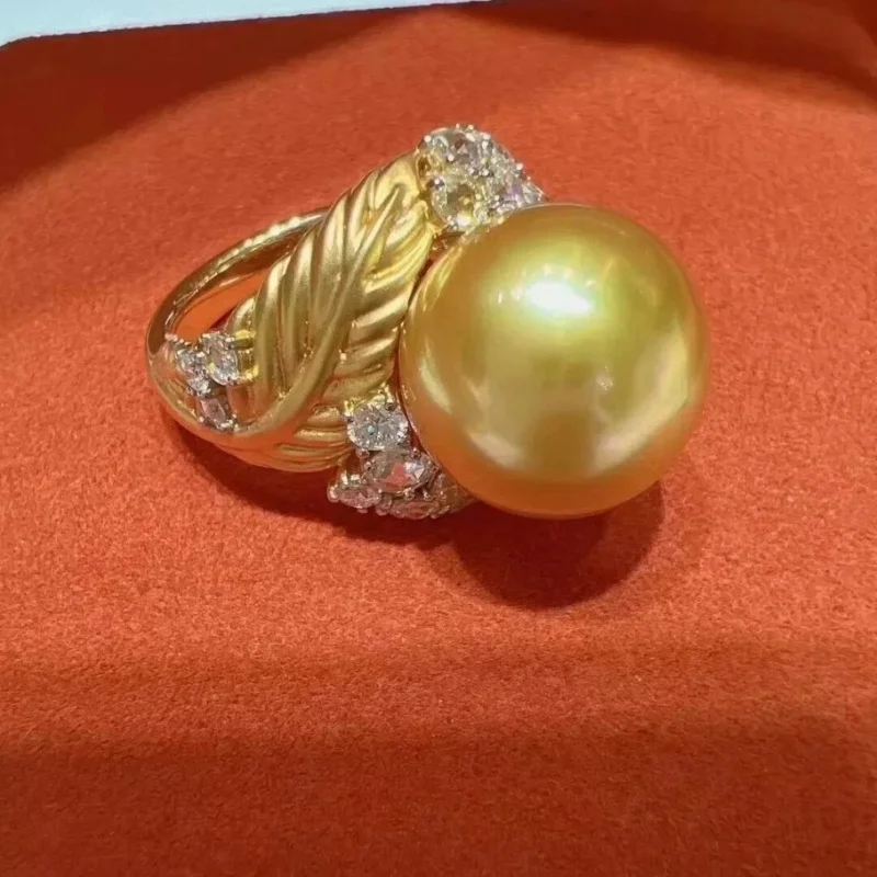 Authentic Natural South Sea Gold round Pearl Ring 11-12mm AAAAA Quality Elegant Jewelry for Women 925 Silver