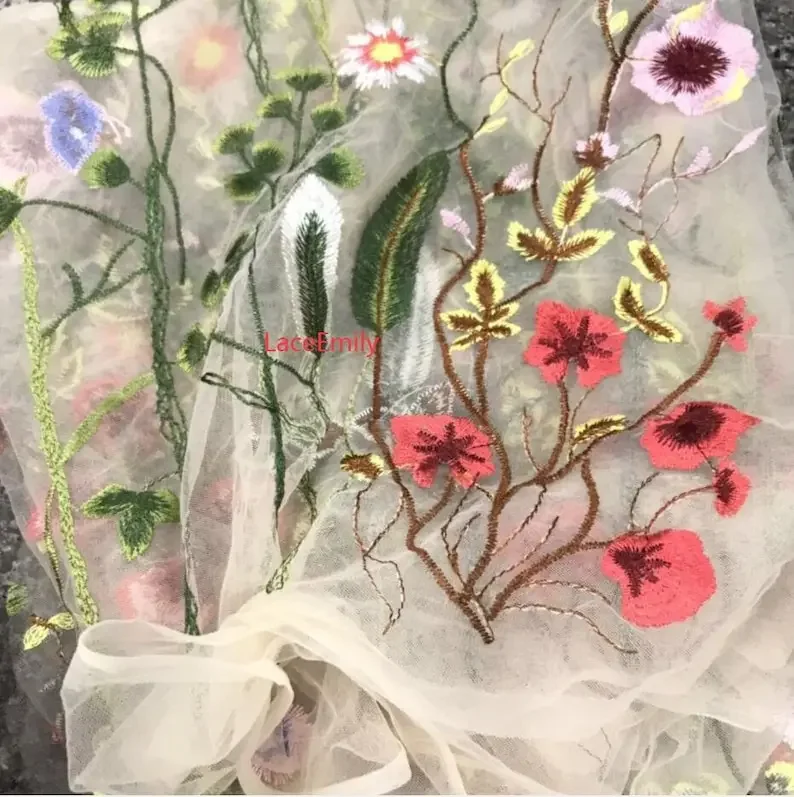5 Colors Colorful Floral Lace Fabric flower Embroidery Ivory Tulle Fabric For Bridal Dress Girl Dress Wedding Dress Party