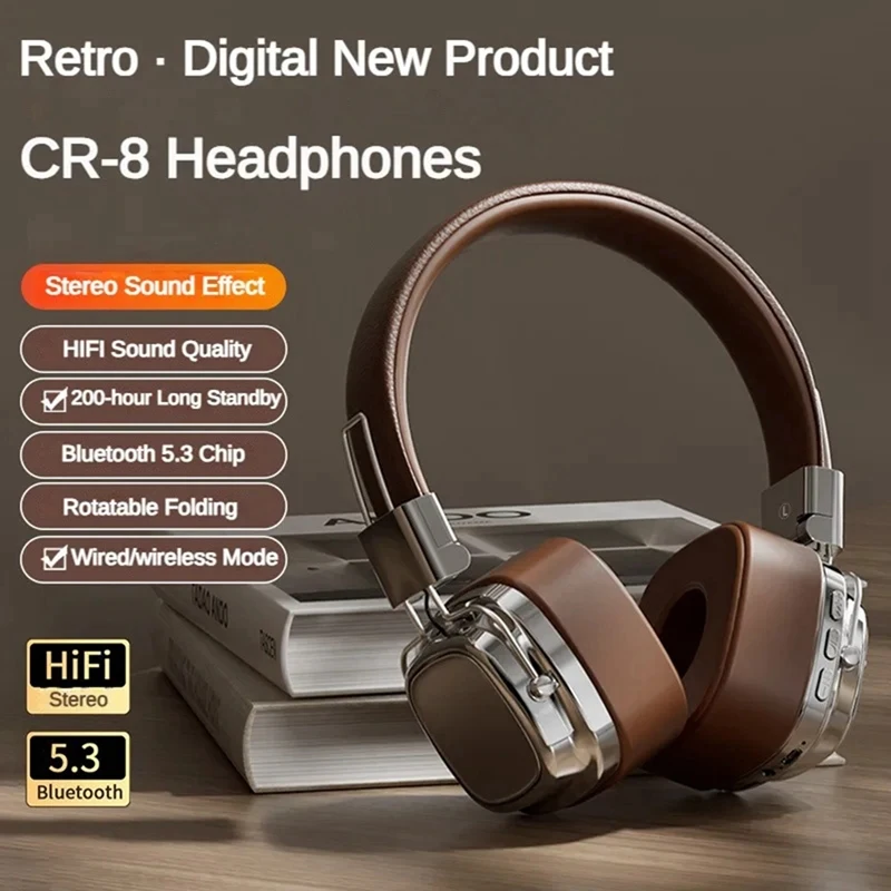 Retro Headphones Studio Dj Estéreo Bluetooth 5.3 Controle de toque sem fio Tipo C Fones de ouvido