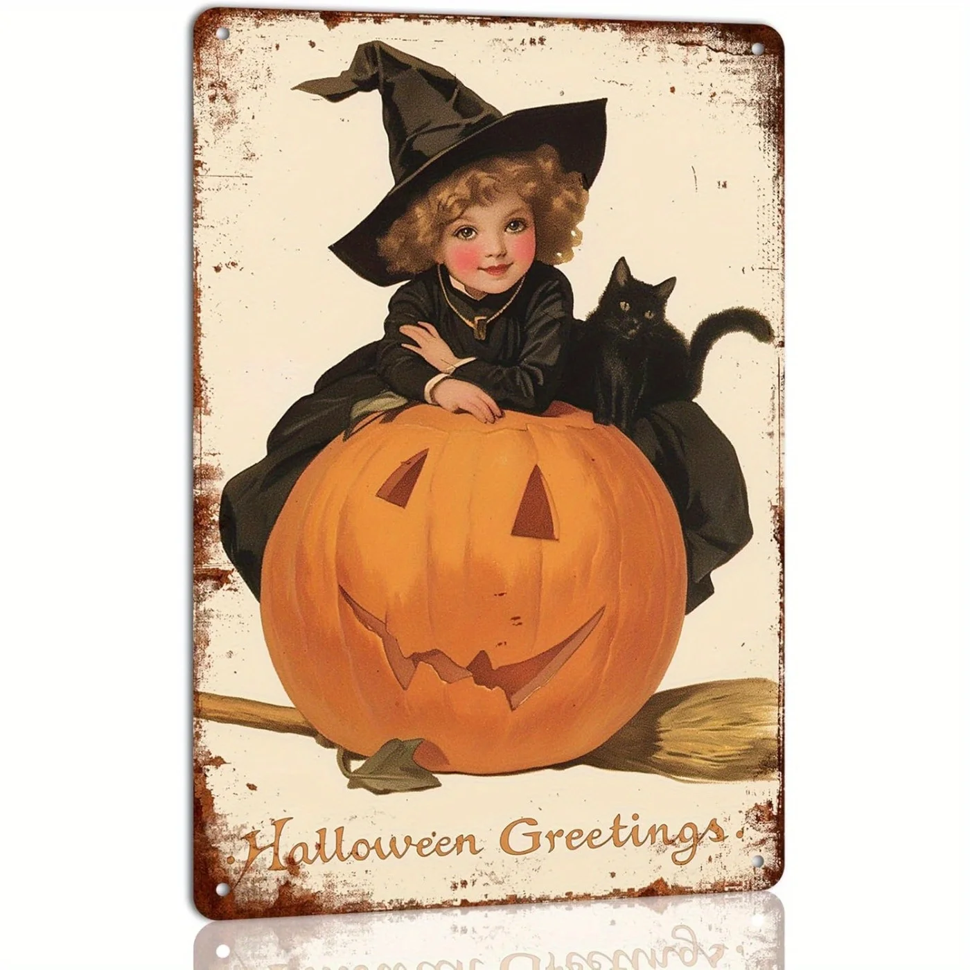 لافتة معدنية كلاسيكية للساحرة والقطط للهالوين، محفورة مسبقًا لسهولة التركيب، مثالية للمنزل والمزرعة