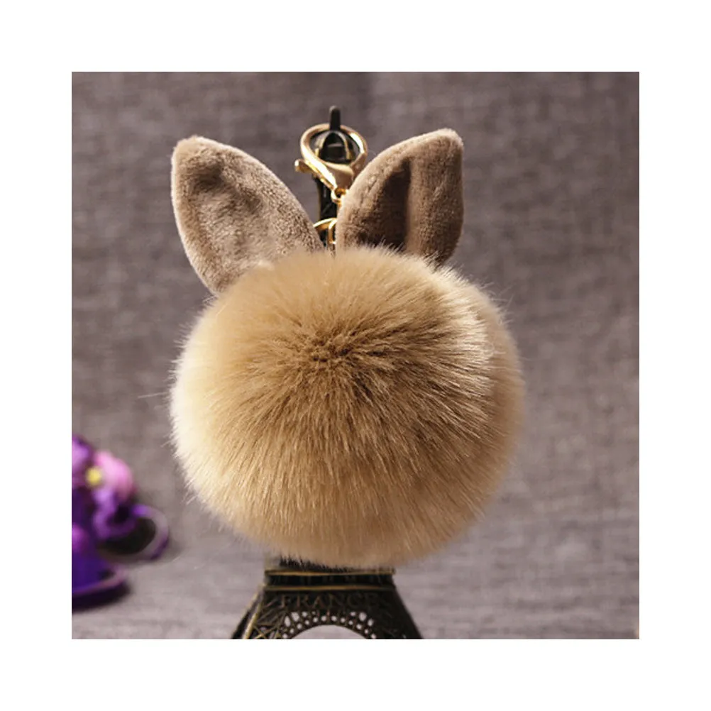 

Pom Pom Rabbit Ear Keychain Khaki Approx 10-12Cm Diameter Bag Charm Pendant Keyrings Gift for Women Girls Key Chain Pendant