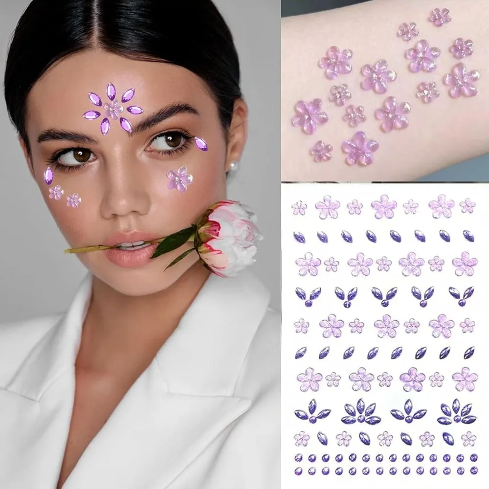 Flower Face Tattoo Sticker Pure Color Self-Adhesive Rhinestones Face Jewelry Decals Face Gems Sticker Festival Halloween Cosplay