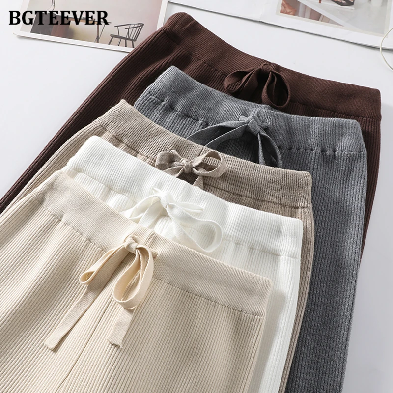 BGTEEVER Autumn Winter Lace-up Knitted Wide Leg Trousers Women Casual Elastic Waist Loose Female Drawstring Sweaters Pants