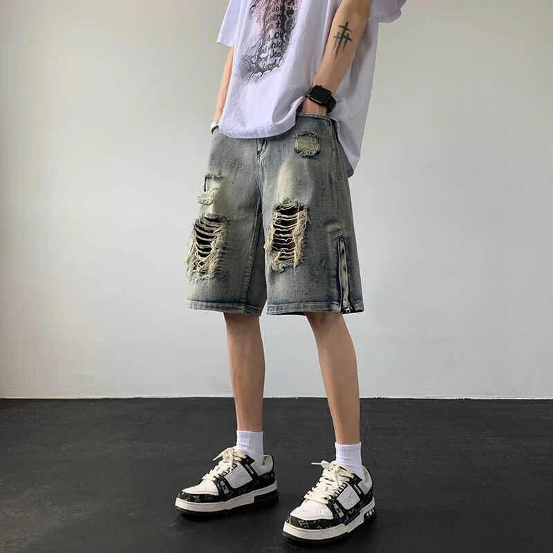 

Summer Thin American High Street Loose Fit Five Inch Casual orts for Men Blue Denim orts Youth Trend Straight Leg Jeans