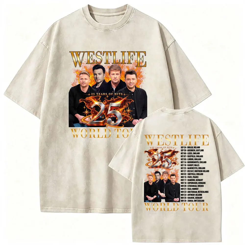 25 Years of Hits Westlife World Tour 2026 Vintage Washed T Shirt Men's Hip Hop Gothic Oversized Cotton T-shirt Unisex Streetwear