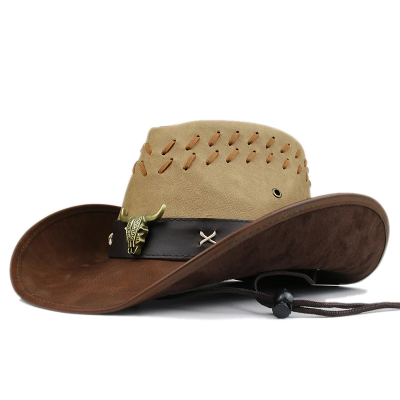 

Retro OX Head Leather Band Women Men PU Leather Roll Up Wide Brim Sombrero Sun Cap Beach Cowboy Cowgirl Western Hat Adjust