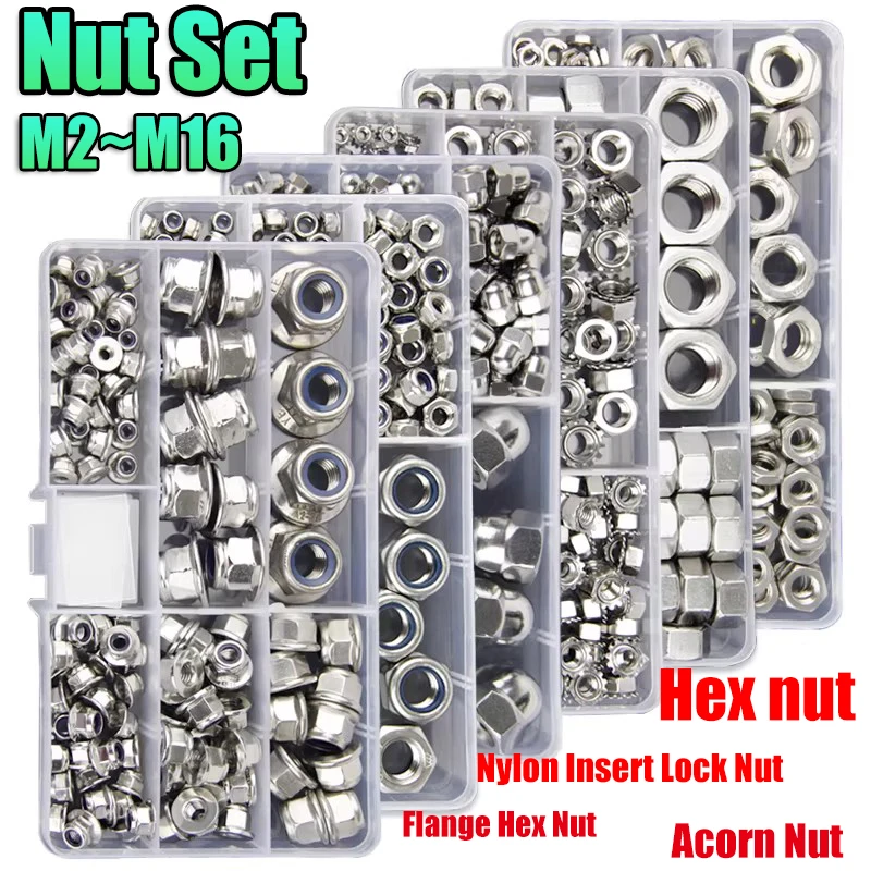 1 Box Metric Nuts Set Kit M2~M16 Stainless Steel Locknut Nylon Insert Hex Nuts Hexagon Flange Nut Acorn/Cap Nuts for Screw Bolt