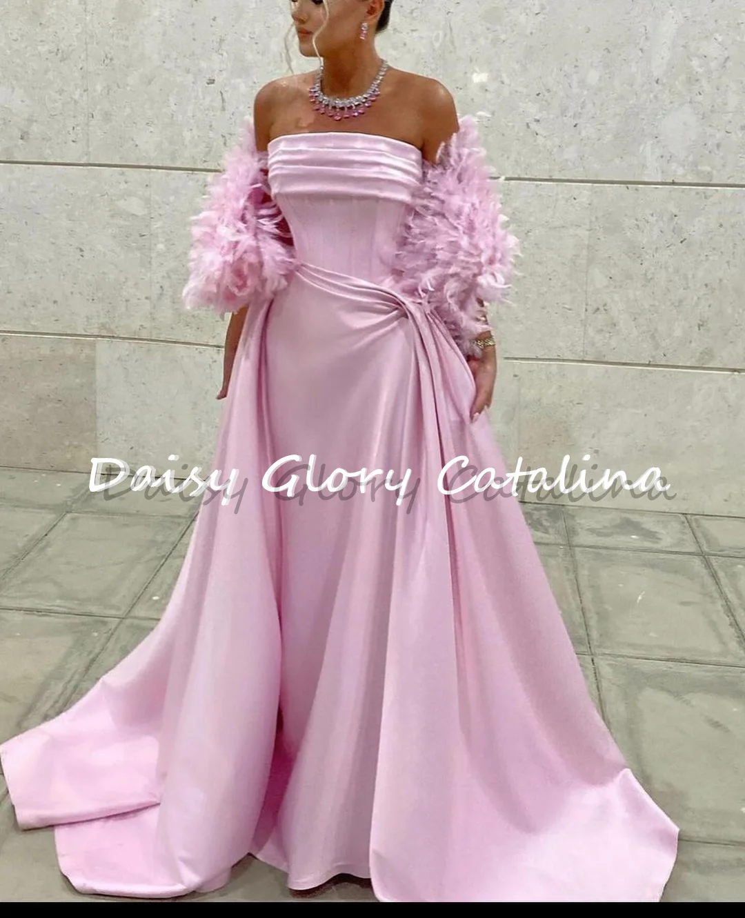 Pink Strapless Evening Dresses for Women Feather Sleeves Mermaid Prom Dress Gorgeous Simple Wedding Party Dresses 2024