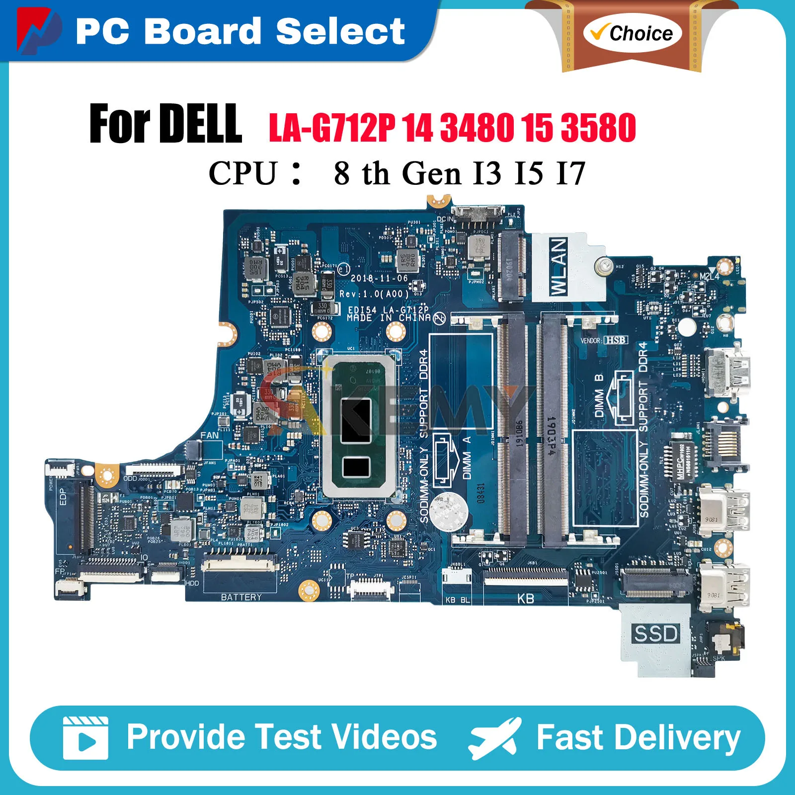 Carte mère d'ordinateur portable pour Dell 3480 3580 3780 3583 LA-G712P avec i3 i5 i7 8th CPU 04205U 05CF0M 0C75M5 0TWYDT testé OK
