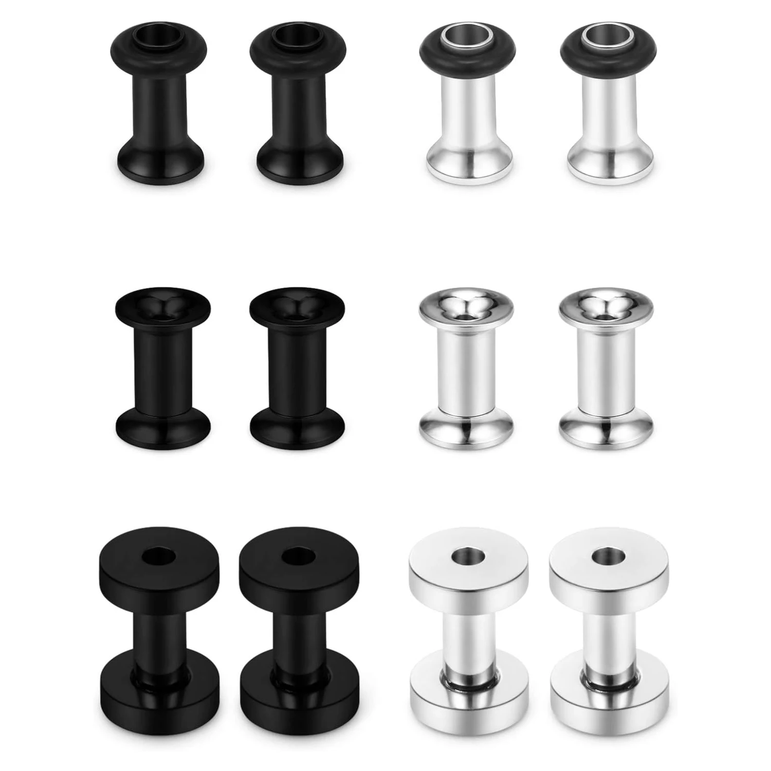 1pair/6 Pairs Tunnels Screw Fit Plugs Surgical Steel Ear Stretching Gauges Expander Piercing Jewelry Set for Men and Women