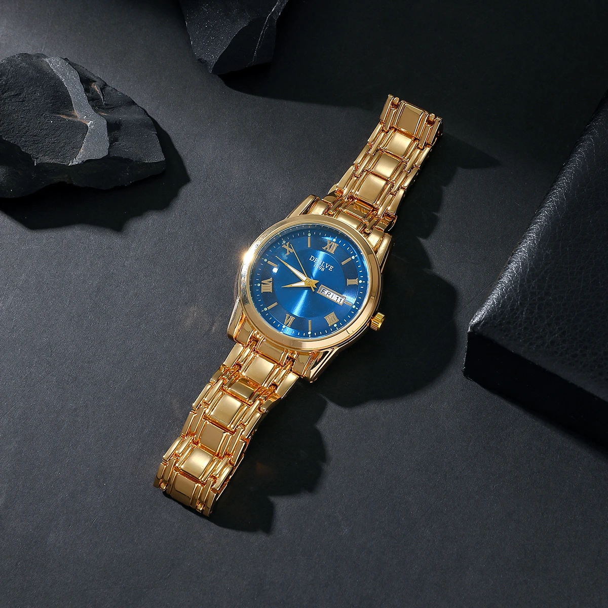 

Роскошные мужские часы с золотым корпусом - наручные часы с синим циферблатом и римскими цифрами, функцией дня недели и даты, для официальных и деловых мероприятий