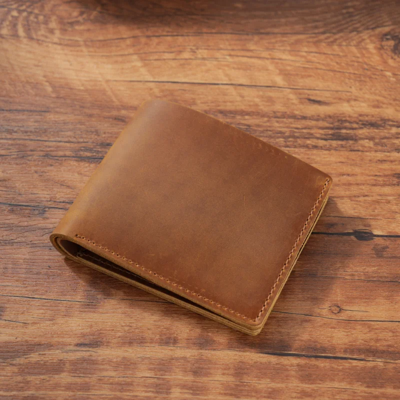 Venta caliente logotipo personalizado estilo Simple hecho a mano de cuero de grano completo conjunto de billetera de regalo Crazy Horse hombre Cartera de cuero de vaca genuino