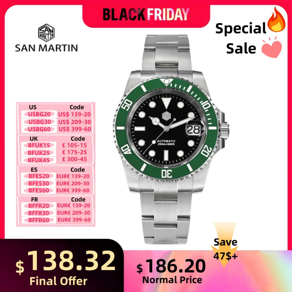 San Martin 40mm NH35 Water Ghost Diving Watch For Men Business Mechanical Sapphire Lume Reloj Hombre Waterproof 20Bar SN0017B