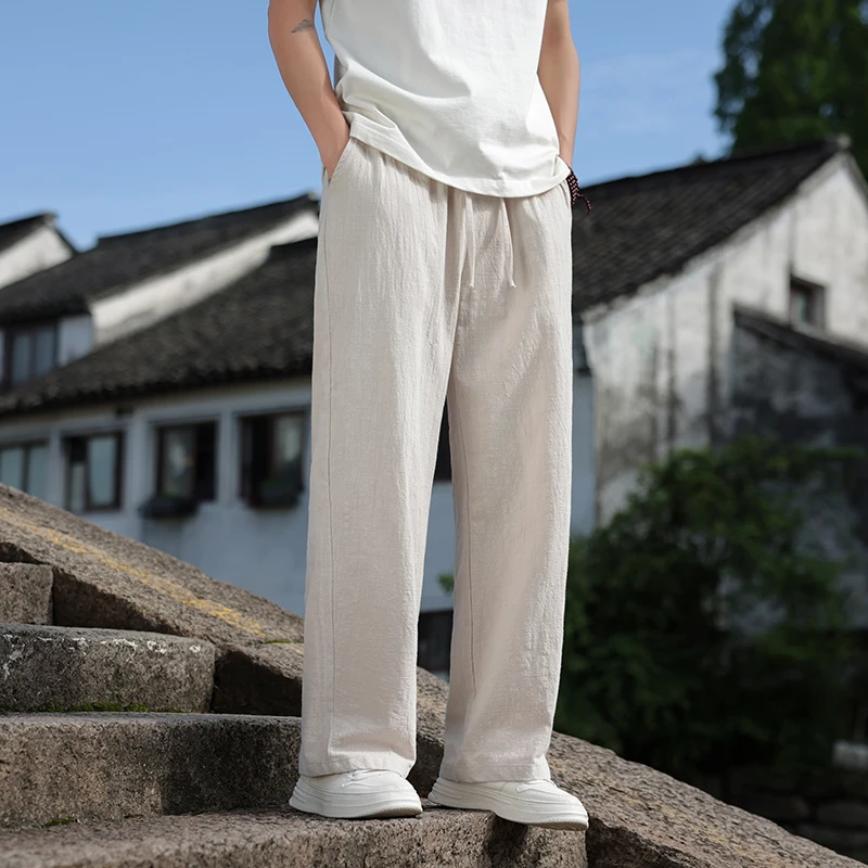 

2024 summer new linen breathable casual pants men's Chinese style casual straight leg pants