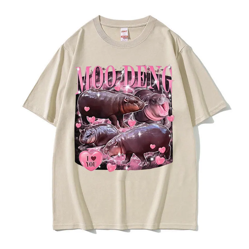 Vintage Moo Deng ti amo Cute Baby ippopotamo Funny Meme T Shirt uomo donna moda puro cotone oversize T-Shirt di alta qualità top