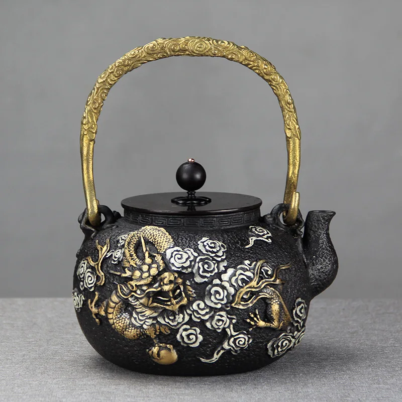 

1300ml Gilt Yunlong Cast Iron Teapot Uncoated Pure Handmade Household Cast Iron Pot Health Teapot Iron Kettle Business Gift