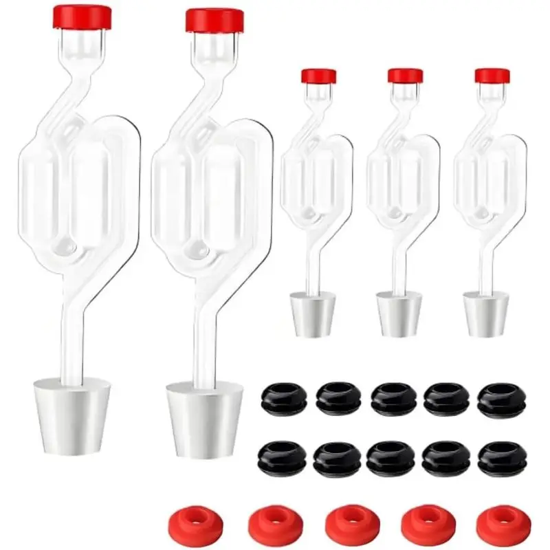 Bubble Airlock Set for Fermentation, 5 S-Shape Airlocks with 6.5 Stoppers, Silicone Loops & Grommets for Wine Making Home Brewin