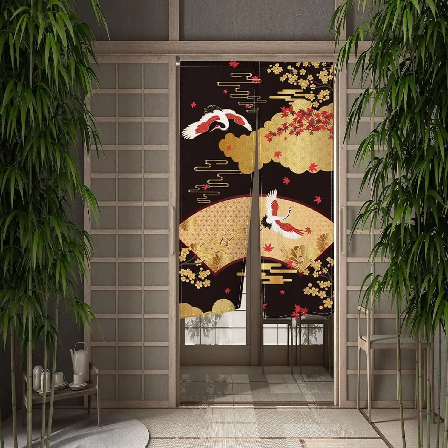 Japanese Style Doorway Curtain Noren Japanese Cranes and Flower Tree Printed Window Treatment Tapestry for Wall Hanging Bistro